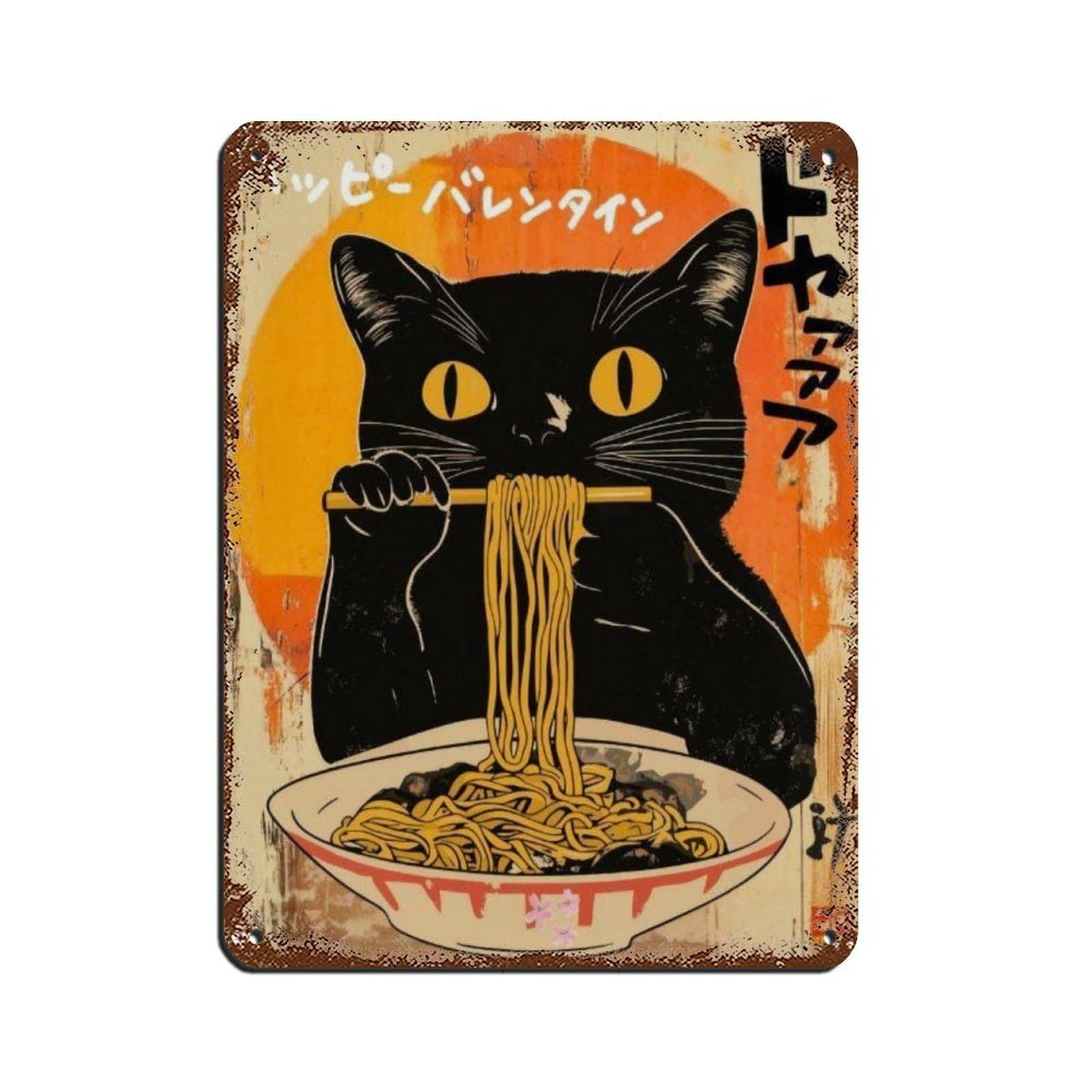Black Cat Eating Noodles Retro ArtPoster, Tin Sign Vintage Metal Pub Club Cafe Bar Home Wall Art Decoration Poster Retro 12x16inch(30x40cm)