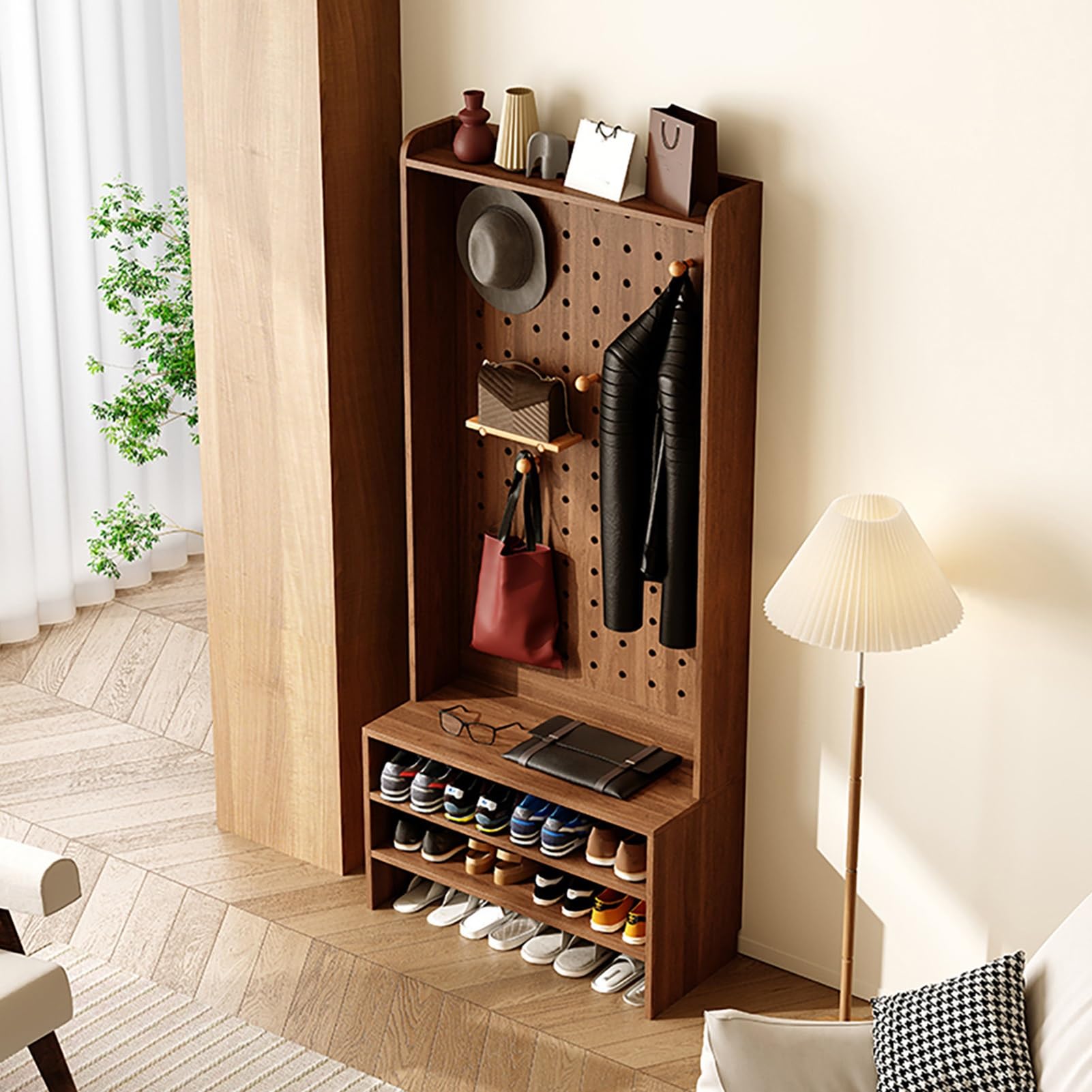 JHDXL 4 in 1 Appendiabiti da Ingresso con Scarpiera, Mobile da Ingresso con Panca, Organizzatore per Corridoio Camera da Letto Salotto(Brown,60 * 40cm/24 * 16in)