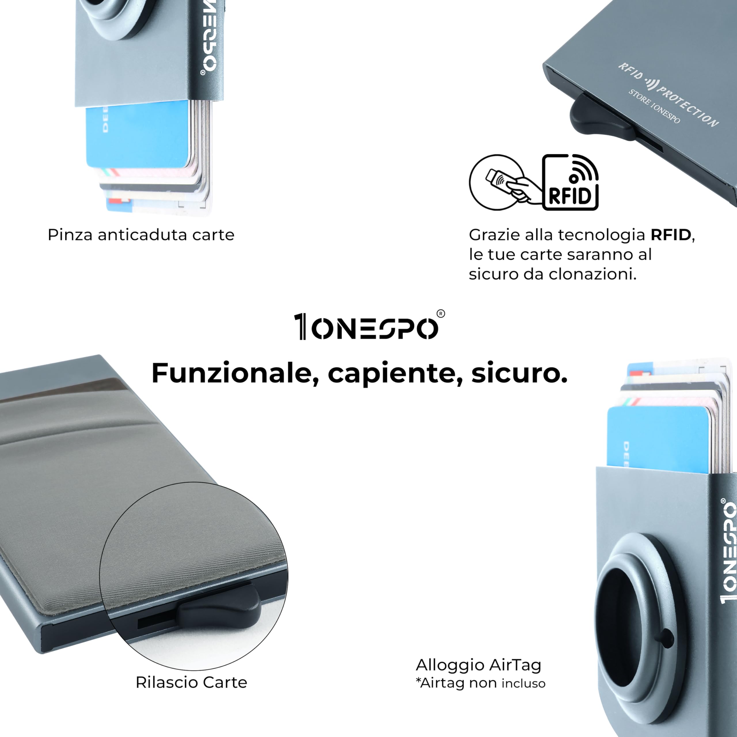 1onespo ULTRASLIM Porta carte di credito uomo - Portafoglio Airtag- Porta tessere e documenti - Portacarte protezione RFID, Grigio