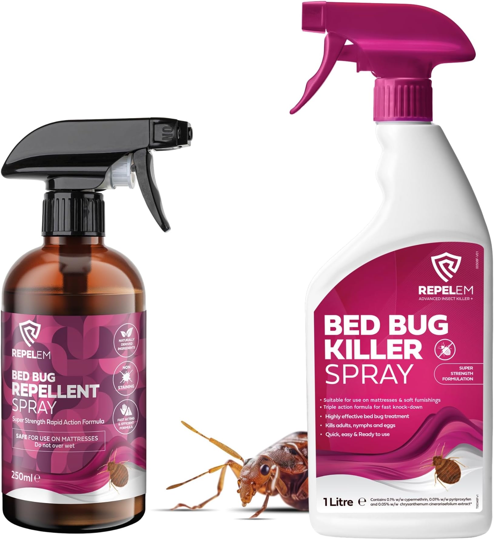 REPELEM Bed Bug Treatment Kit - 1L Bed Bug Killer Spray with 250ml Natural Spray Repellent | Professional Strength for Mattress & Home | Kill & Repel Bugs at All Life Stages