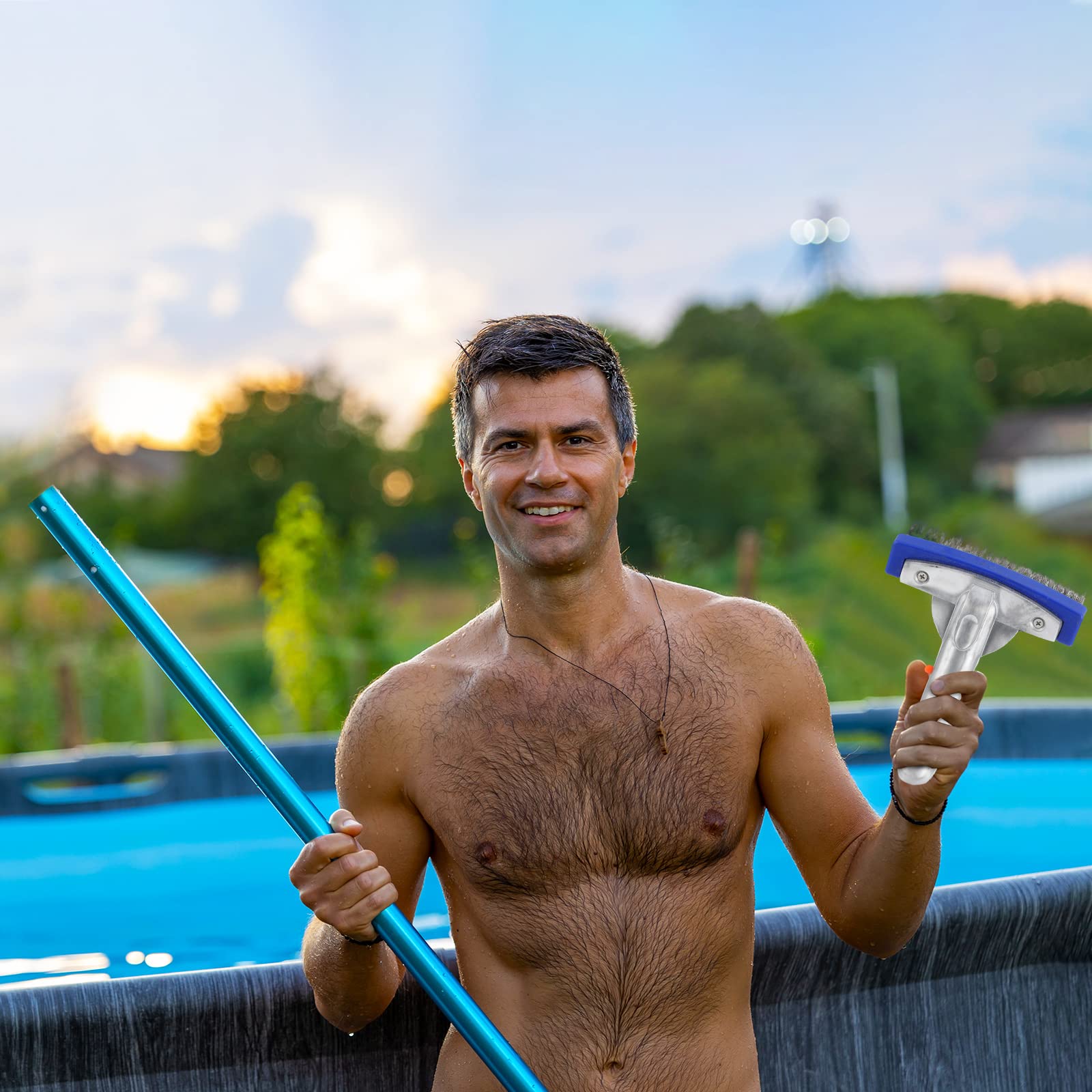 Gejoy Lot de 3 brosses de piscine de 14 cm en acier inoxydable très résistantes avec poignée en aluminium et poils en acier inoxydable pour nettoyer la piscine et s'adapter à la plupart des poteaux