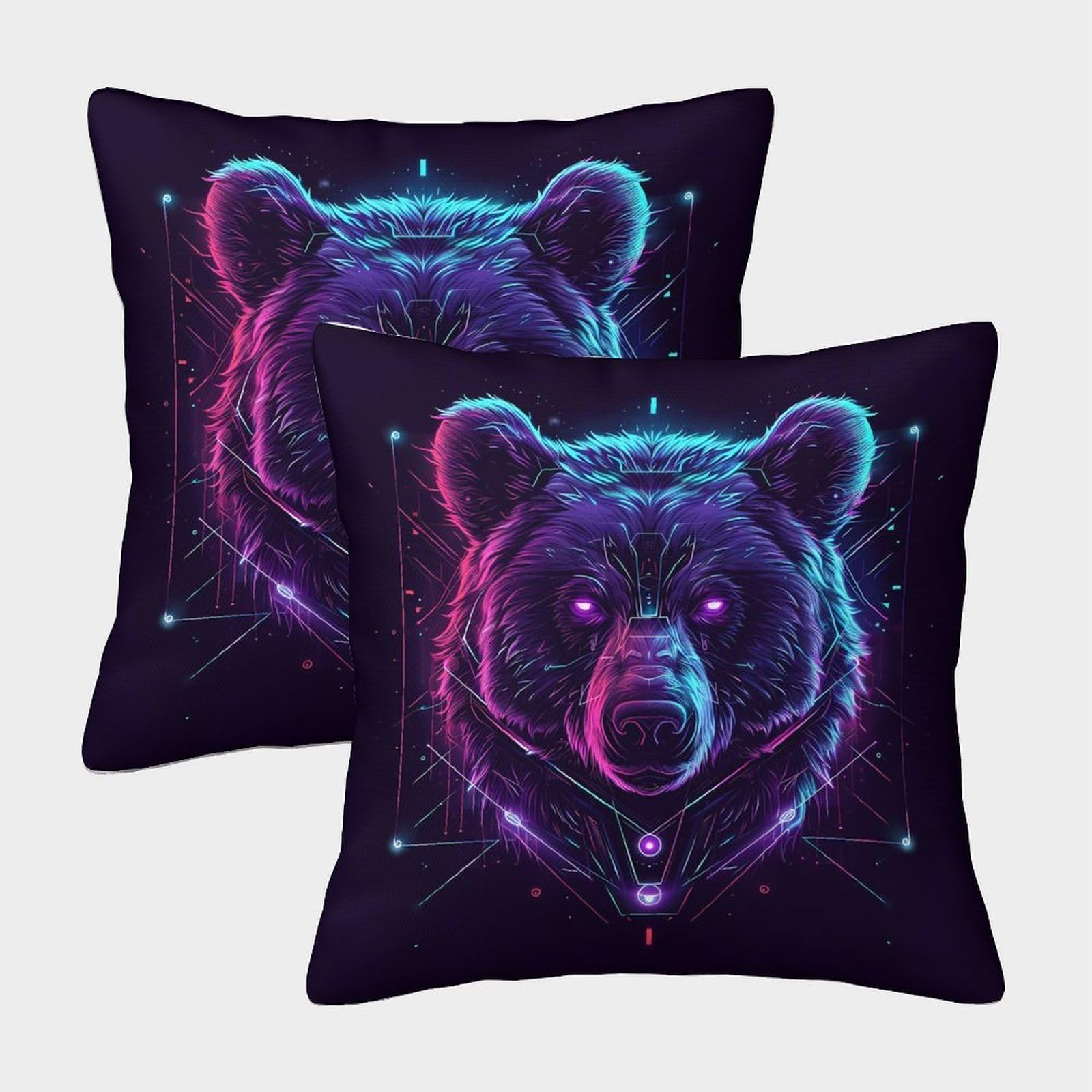 QFVANSIYO 3D Printed Neon Bear Design Pillowcase Microfiber Bedroom Decor Bear Pillow Cover Soft Breathable for Adults 50x50cm