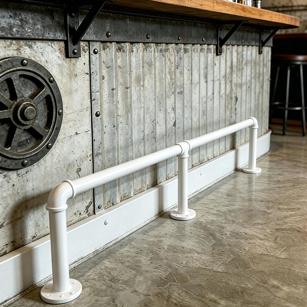 Hefjiayciq White Floor Standing Bar Foot Rail Kit, Metal Brackets Foot Railing System, For Bar, Kitchen Island, Coffee Bar, Restaurant,,240Cm/7.8Ft