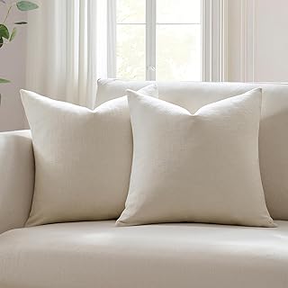 Meekio Set of 2 Ivory Throw Pillow Covers 18x18, Modern Farmhouse Linen Blend Decorative Pillow Covers for Couch Sofa Bed, Neutral Home Decor