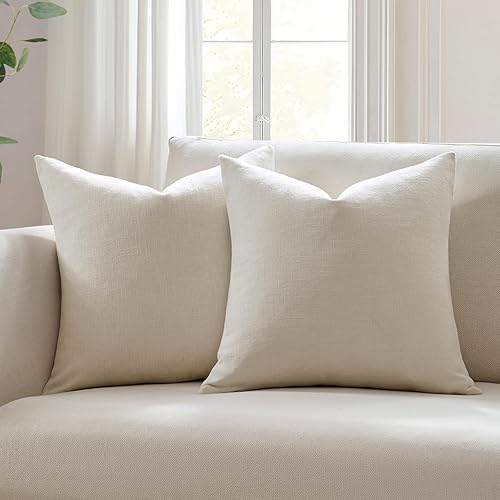 Meekio Set of 2 Ivory Throw Pillow Covers 18x18, Modern Farmhouse Linen Blend Decorative Pillow Covers for Couch Sofa Bed, Neutral Home Decor