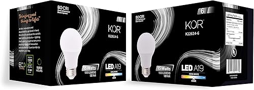Miniatura 8 de KOR Bombillas LED  Paquete de 6 bombillas blancas frías de 4000 K  Base E26, tamaño A19, 15 W (equivalente incandescente de 100 W)  Bombillas de