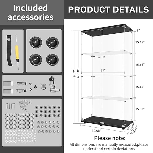 Miniatura 2 de LFT HUIMEI2Y Vitrina de cristal con 4 estantes con puerta doble, gabinetes Curio de instalación rápida en 30 minutos, estantería de pie de vidrio