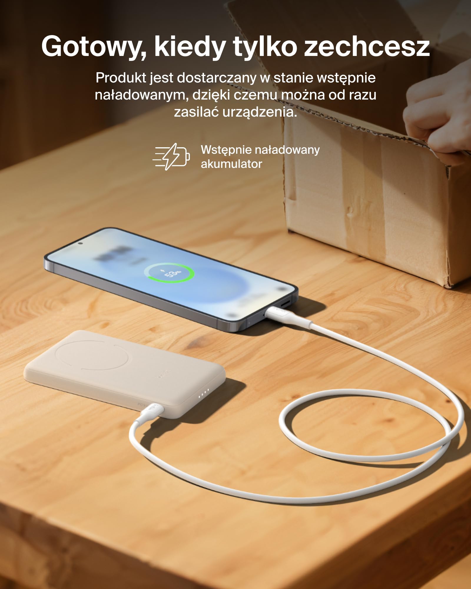 Belkin BoostCharge Magnetyczny Powerbank 5000 mAh z Pierścieniem – Piaskowy | Powerbank Bezprzewodowy 5000 mAh, Pierścień Magnetyczny do Akcesoriów, Port USB-C, Wstępnie Naładowany, Kabel w Zestawie