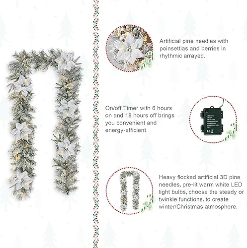 Miniatura 4 de Glitzhome Guirnalda de Navidad preiluminada con cono de pino verde flocado con luz LED blanca cálida - 9 pies