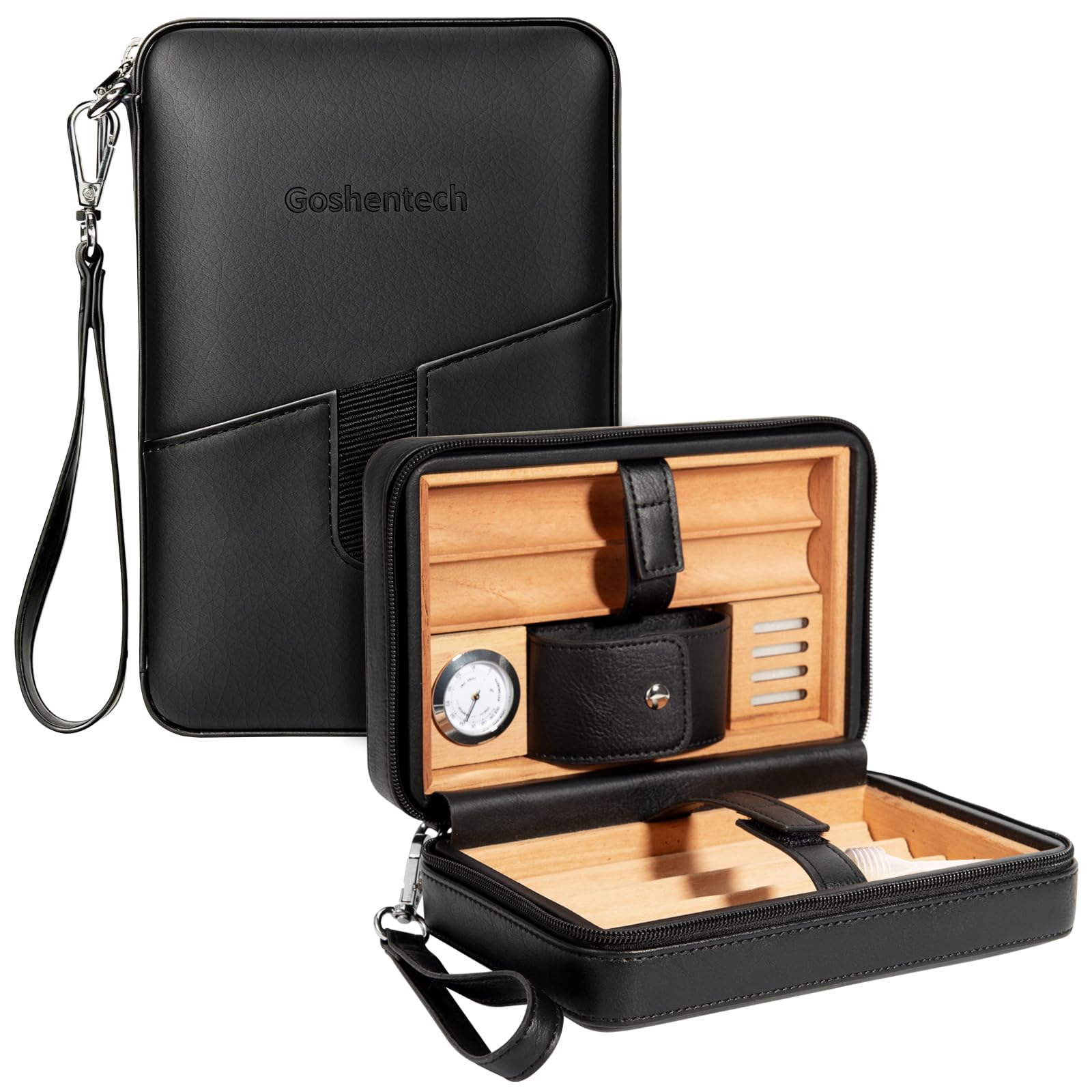 Lederetui aus Zedernholz, Reisebox mit Hygrometer, Kapazität: 6 Stück, Draw Enhancer Tool, Geschenke für Männer (Schwarz)