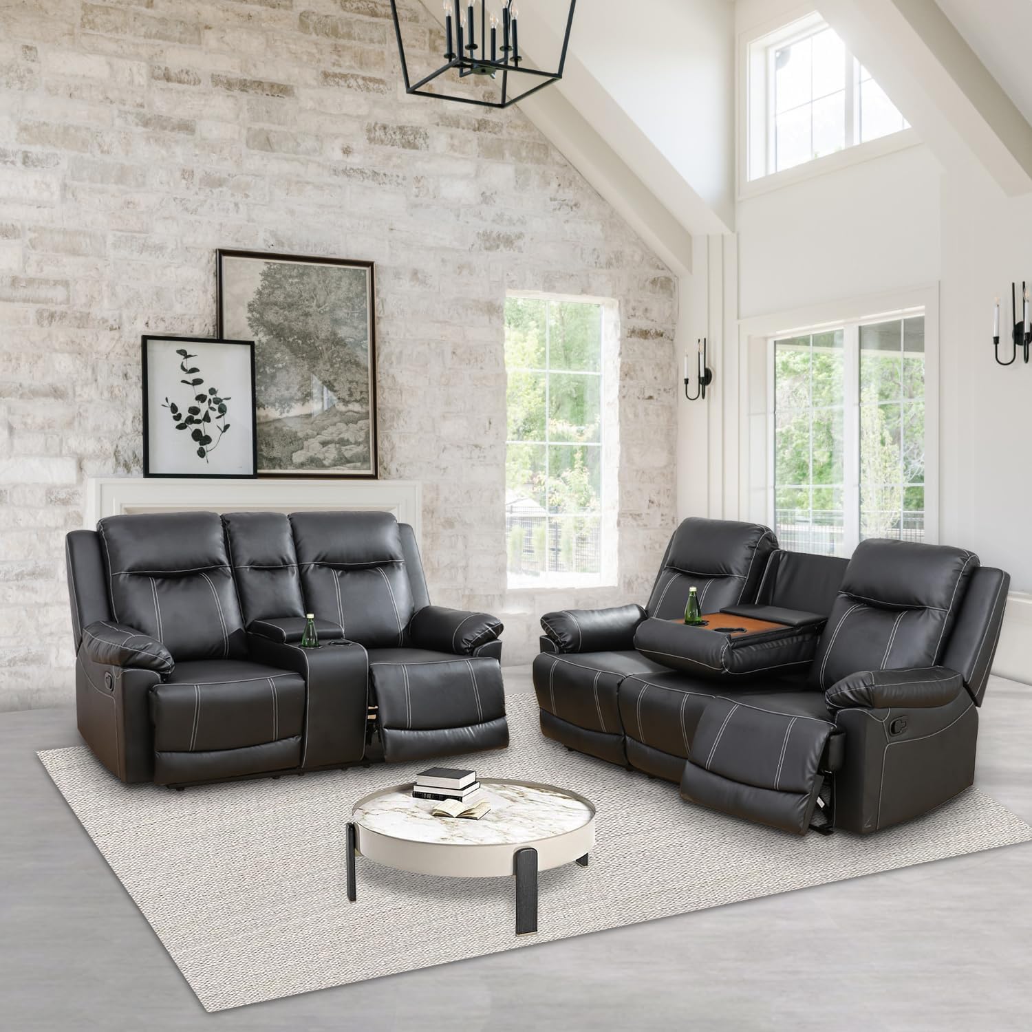 Manual Leather Recliner Sofa, Leather Living Room Furniture Set with Storage Console & Cup Holder for Living Room/Office (Leather Couch Chair) Black, GS4789-C