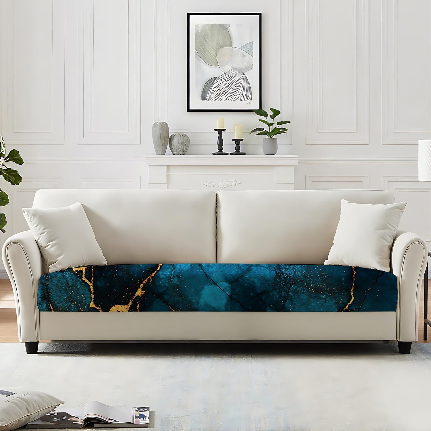 Luxury Blue Marble Sofa Cushion Covers with Golden Vein, Soft Stretchable Slipcovers for Couch, Washable Non-Slip Furniture Protector (Medium, 1 Pack)