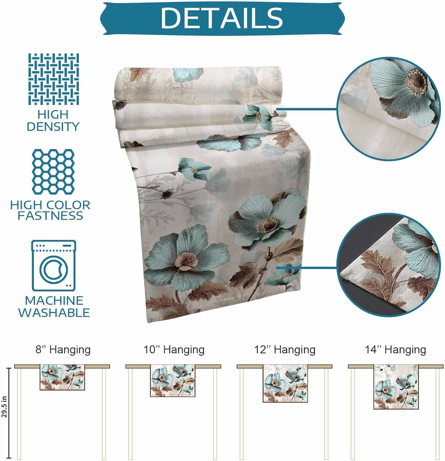 Tulip Flower Table Runner 72 Inches Long for Dining Table Decor,Teal Brown Vintage Floral Plant Botanical Burlap Linen Farmhouse Table Runner Coffee Dresser Runners Scarf for Kitchen 16x72 in