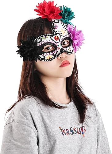 Miniatura 4 de SUMERSHA Máscara del Día de los Muertos mexicanos para mujer, diseño floral de calavera de azúcar, máscara de disfraz de Halloween