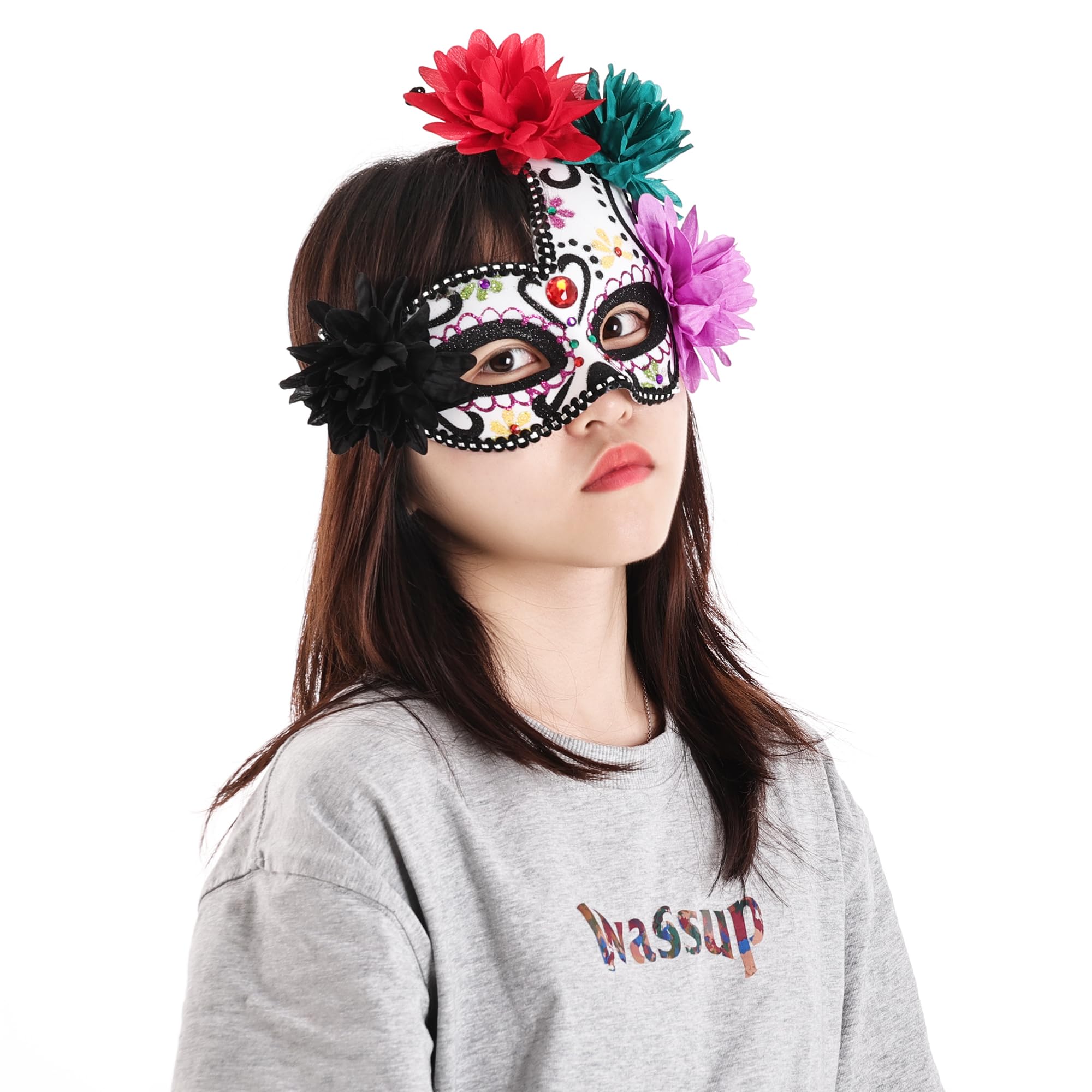SUMERSHA Mexican Day of the Dead Masquerade Mask for Women Floral Sugar Skull Eyemask Halloween Costume Mask