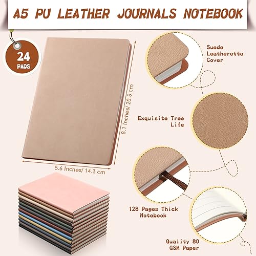 Miniatura 3 de PerKoop 24 diarios de piel sintética A5, cubierta de piel sintética suave, a rayas, cuaderno de escritura rayado para oficina, escuela, negocios,