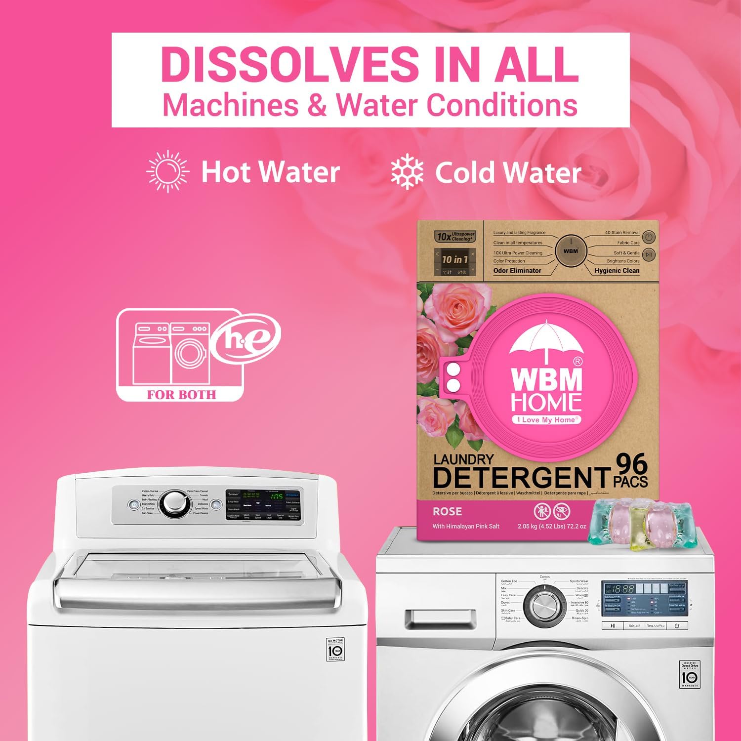 WBM Home 10-in-1 Laundry Pods, Total 96 Count, Ultra Concentrate with Powerful Stain Lifter Technology, Fabric Softener With Rose Extracts, Detergent Pods