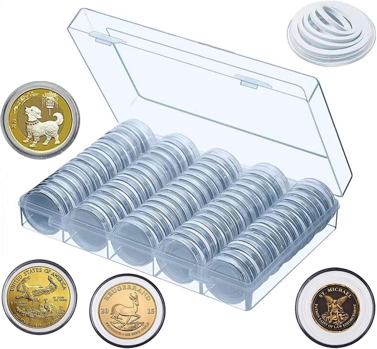 100 Pack Coin Capsules with Storage Box & 5-Size Foam Gaskets, Round Coin Holder Case for Quarters Nickels Pennies Dimes Small Dollars, Coin Collection Supplies (Max 30mm)