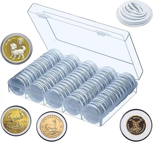 100 cápsulas de monedas de 1.18 pulgadas, 5 tamaños de junta protectora, estuche con caja organizadora de almacenamiento para monedas,