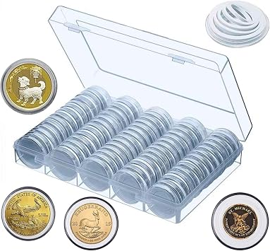 100 Pack Coin Capsules with Storage Box & 5-Size Foam Gaskets, Round Coin Holder Case for Quarters Nickels Pennies Dimes Small Dollars, Coin Collection Supplies Max 30mm