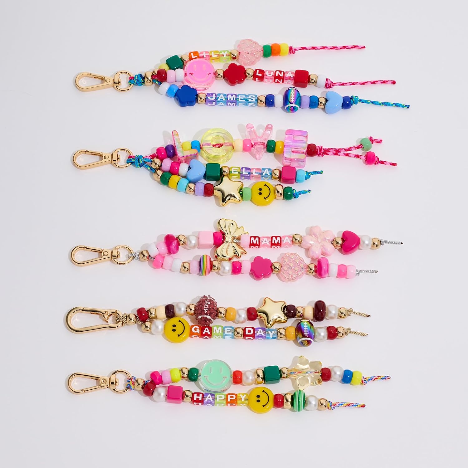 MYCUTEY DIY Keychain Making Kit-Beaded Keychain＆Bag Charm Craft Supplies with Keyrings,Cords and Colorful Football,Letter,Heart,Pony Beads for Women Kids,Personalized Name A-Z Jewelry Making Kit Gifts