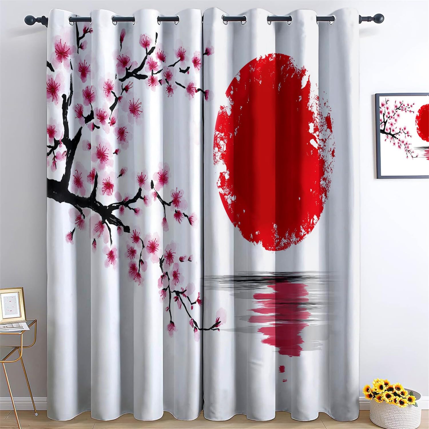 Japoński styl malowanie tuszem zasłony zaciemniające blokujące ciepło do salonu sypialnia 91,5 l x 214 cm (2 panele) zasłony dekoracyjne z oczkami różowy czerwony