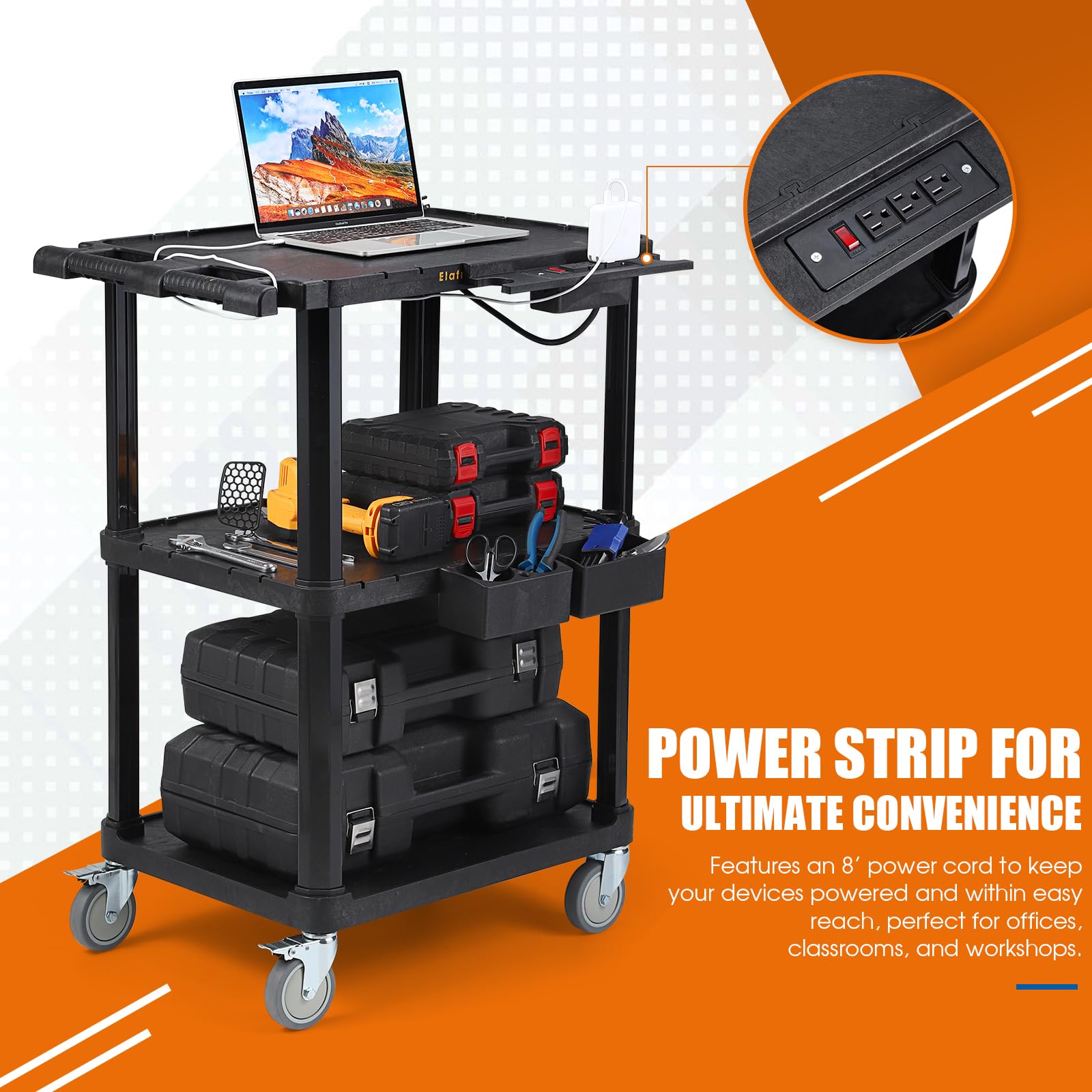 AV Cart, 26 Inch Height Media Cart With Power Strip, 24 X 18" Presentation Cart With 2 Shelves, 4 Rolling Casters And 2 Locking Brakes, 150 Lbs Heavy- Duty Av Cart - View #3