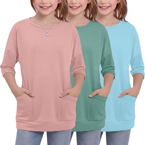 Mumucove 3 Pack Girls 3/4 Sleeve T Shirts, 3-Color, 9-10 Years