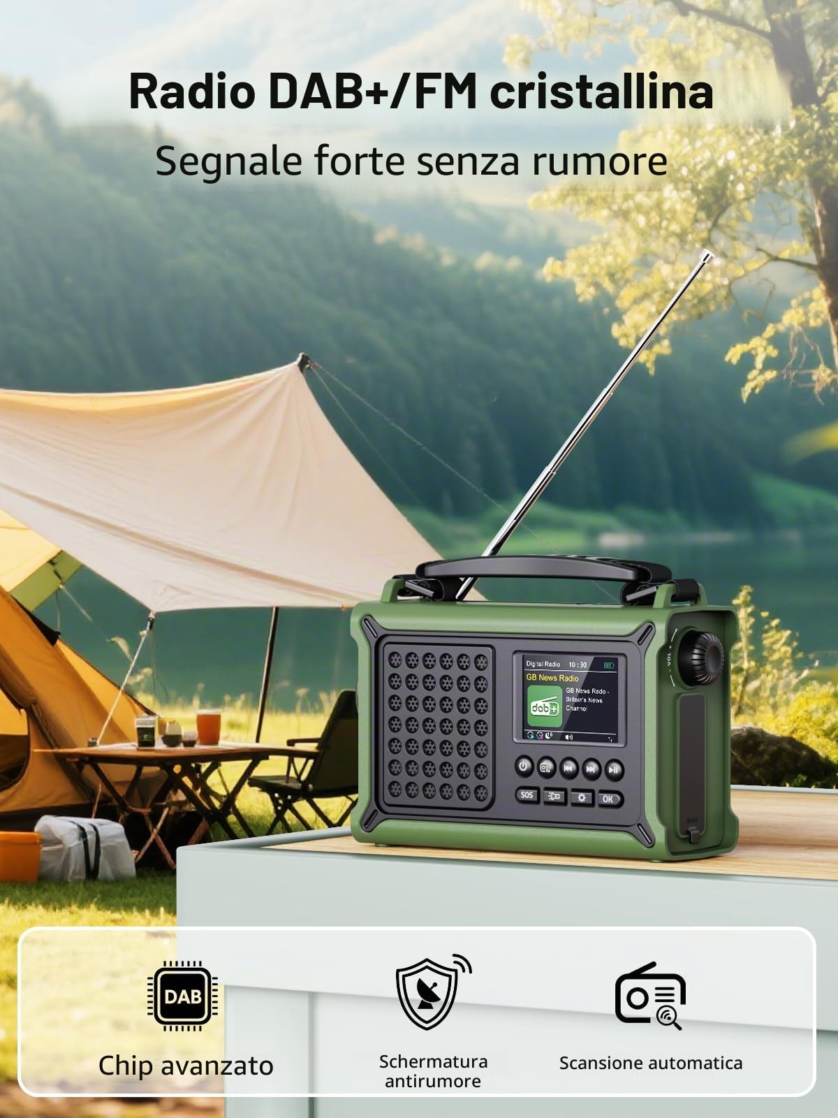 ROCAM Radio DAB Portatile con Bluetooth, Radio a Manovella 12000mAh con Pannello Solare e Dinamo, Radio Digitale DAB+/FM con Display a Colori 2,4", 80 Stazioni, Torcia LED,USB, SOS, IPX6 per Campeggio