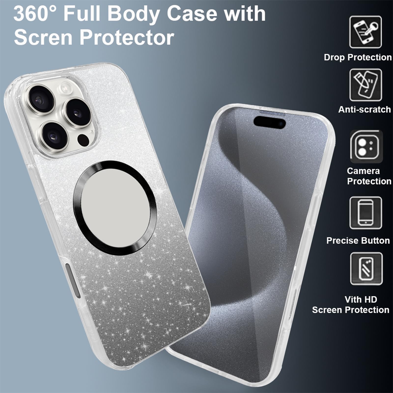 Magnetyczne etui do iPhone'a 16 Pro Max / 16 Pro/16 Plus/16, wbudowana osłona ekranu, brokatowe kryształowe, ochrona telefonu, kolor srebrny, rozmiar 16 Plus