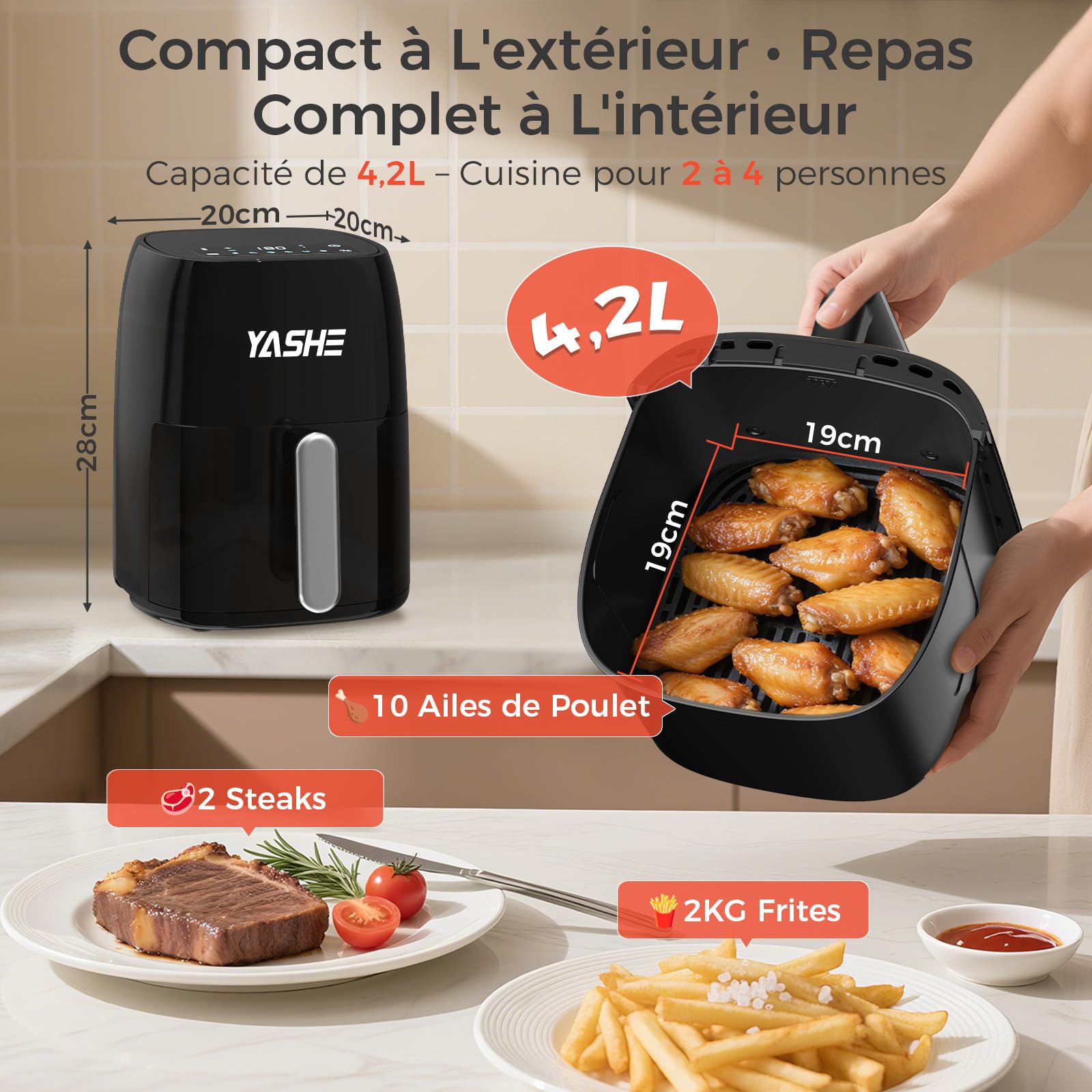 YASHE 4,2L Friteuse Sans Huile avec écran Tactile LED en Verre Trempé, 1500W 6 Menus Préréglés, Température & Minuterie Réglables, Panier Antiadhésif Compatible Lave-Vaisselle, Cuisson Sans Huile