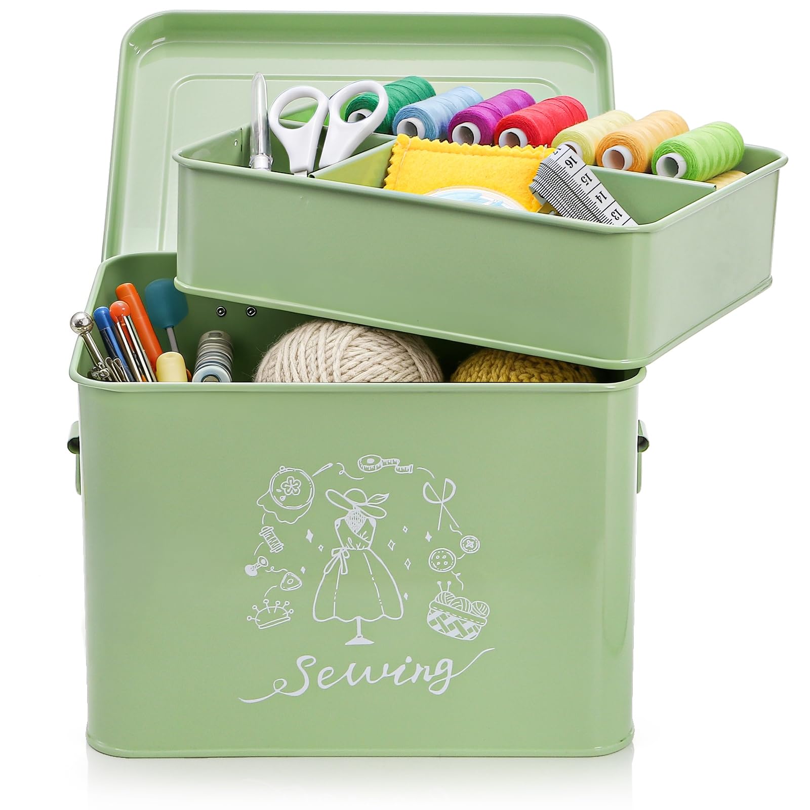 ZOOFOX Sewing Organizer for Sewing Supplies, Metal Sewing Box with Removable Tray and Reinforced Handles, Vintage Sewing Basket for Accessories Storage, Mother Birthday Mother's Day Gifts