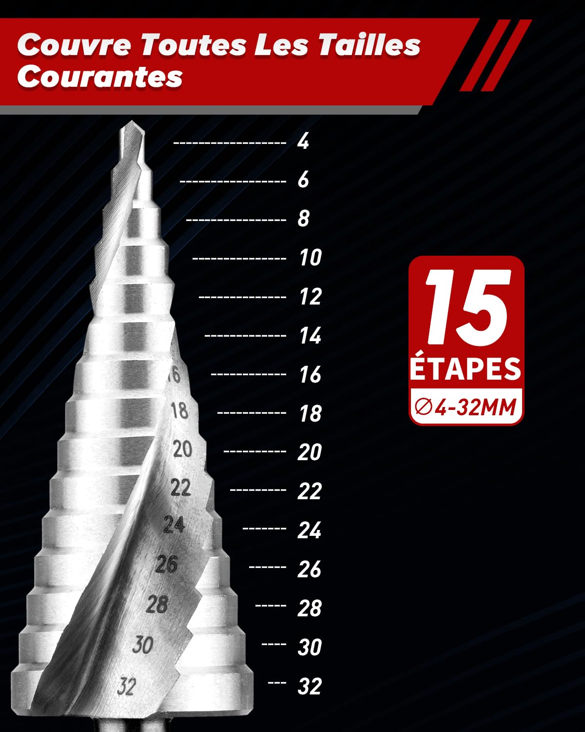 Foret Étagé Metal, 4-32 mm, HSS 6542 professionnelle pour métal, acier, plastique, bois, bricolage, Foret Conique pour percer, aléser, ébavurage, Tige de 10 mm pour chaque mandrin de perçage