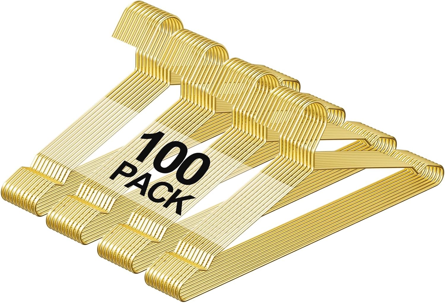 Gold Wire Metal Hangers Bulk 100 Pack with Notches for Standard Size Coats, Shirts, Suits, Pants, Dresses, Durable, Heavy Duty, Space Saving