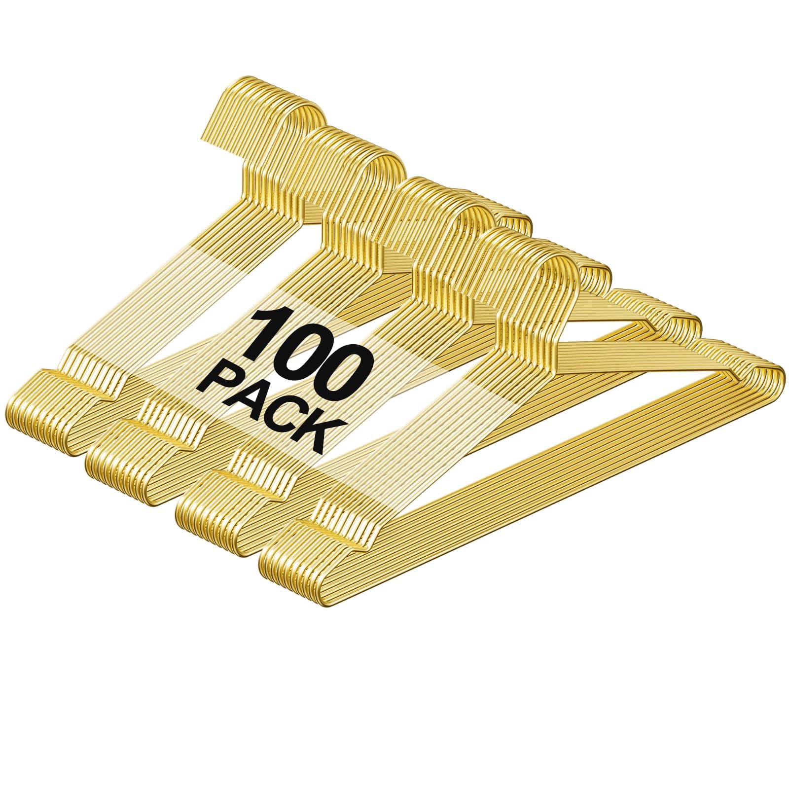 Gold Wire Metal Hangers Bulk 100 Pack with Notches for Standard Size Coats, Shirts, Suits, Pants, Dresses, Durable, Heavy Duty, Space Saving