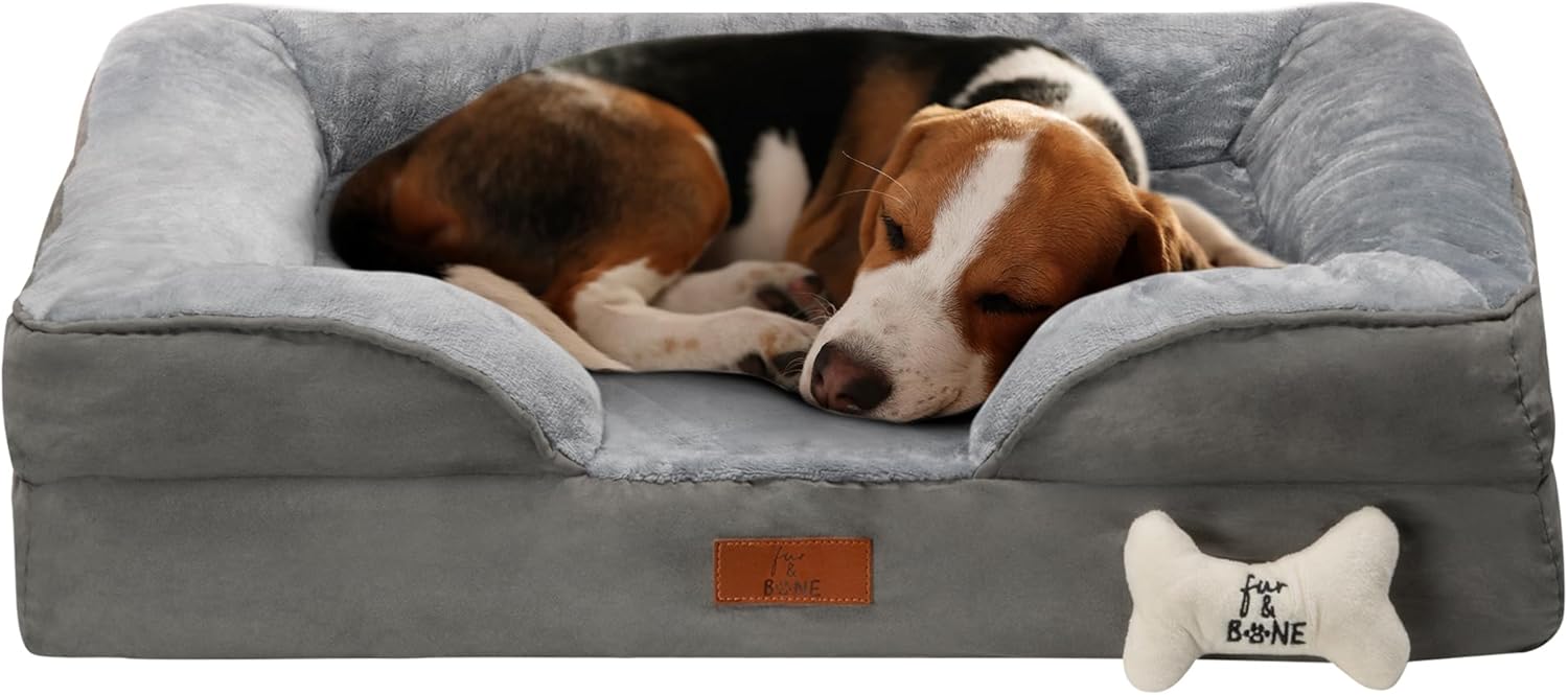 Fur & Bone Medium Dog Bed (70 x 58 x 18 cm) – Dog Bed with Soft Cushion, Orthopedic Dog Beds, Removable Plush Velvet Cover, Waterproof Layer, Non-Skid Bottom – Supports Better Sleeping Positions