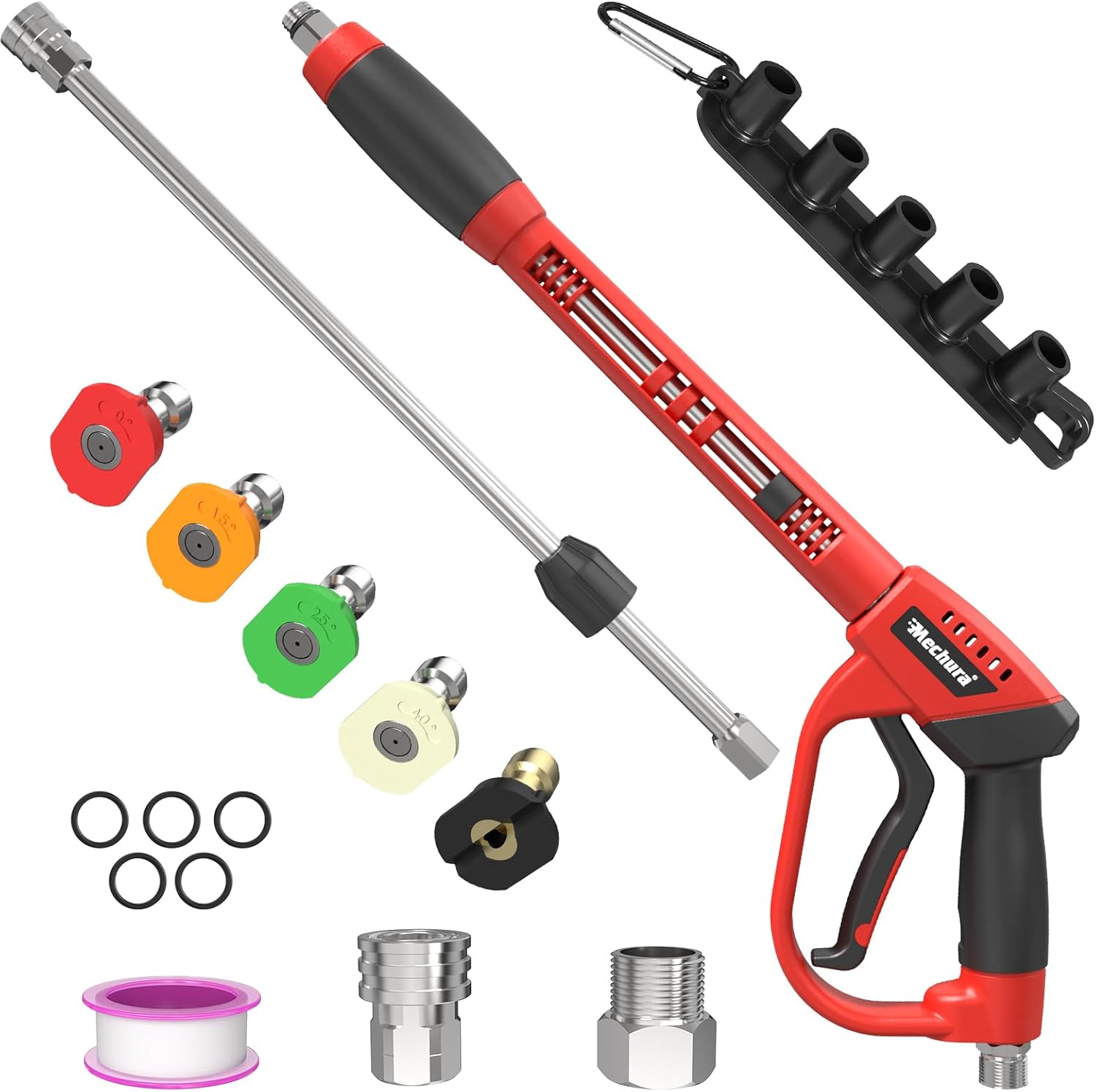 Pressure Washer Gun 5000PSI with Extension Wands, 40 Inch Pressure Washer Accessories with 1/4" Quick Connect Outlet, Car Wash Gun with 5 Nozzle Tips and M22-14mm to M22-15mm Adapters