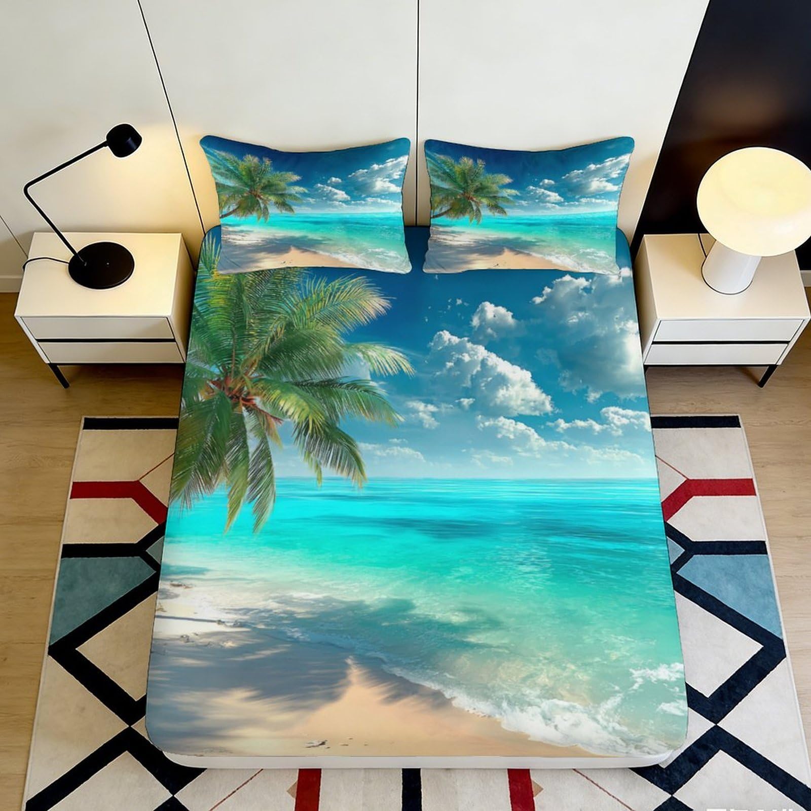 3D Printed Tropical Beach Fitted Sheet Microfiber Soft Breathable Palm Ocean Mattress Cover Bedroom Guest Room Decor 90x200x25cm
