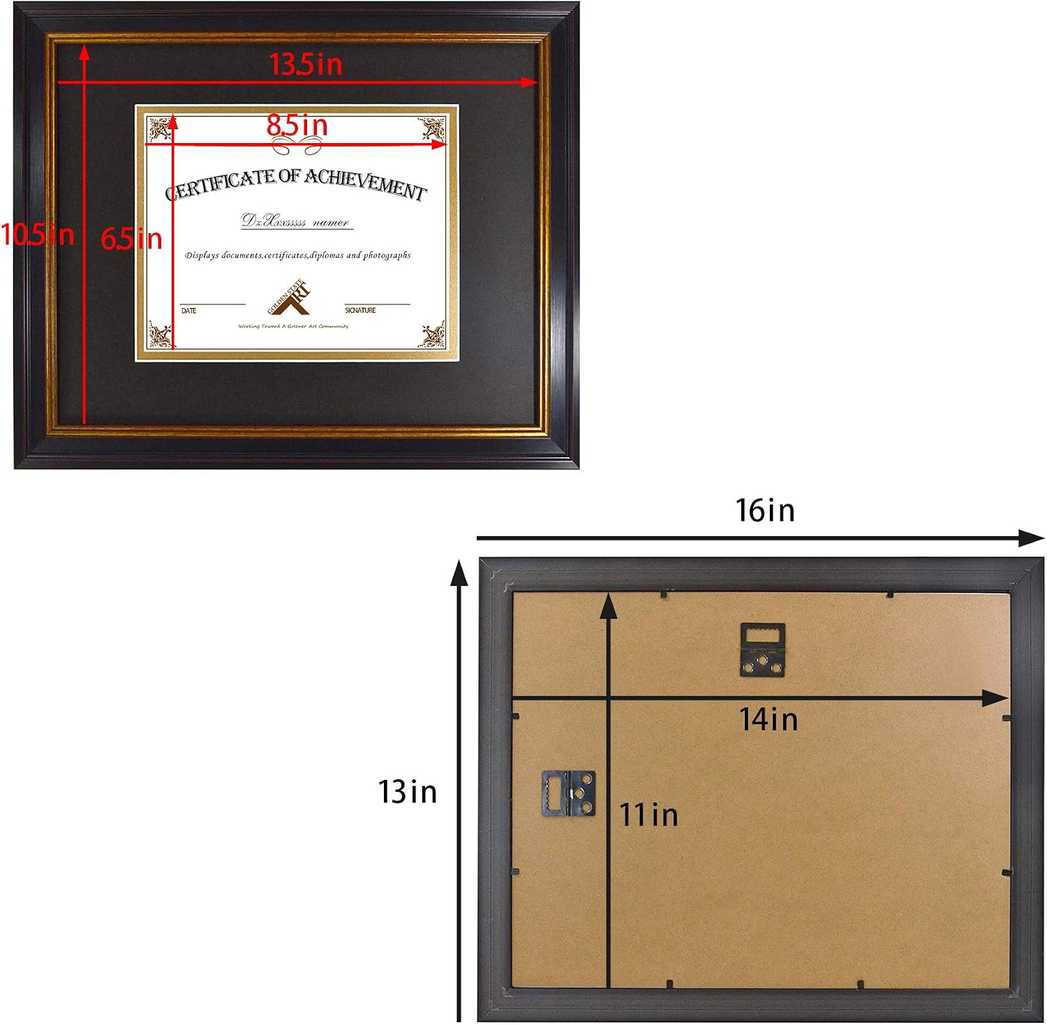 Golden State Art 11x14 Diploma Frame for 7x9 Picture Black/Gold Double Mat