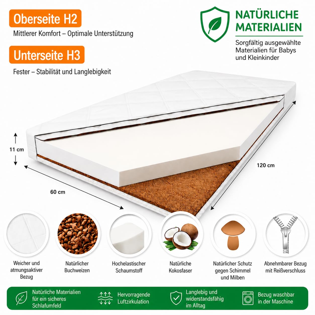 Łóżeczko dziecięce 60 × 120 cm Timber Nest z szufladą, barierką i materacem Gryka-Kokos 11 cm, 3-stopniowa regulacja wysokości dna, 3 wyjmowane szczebelki