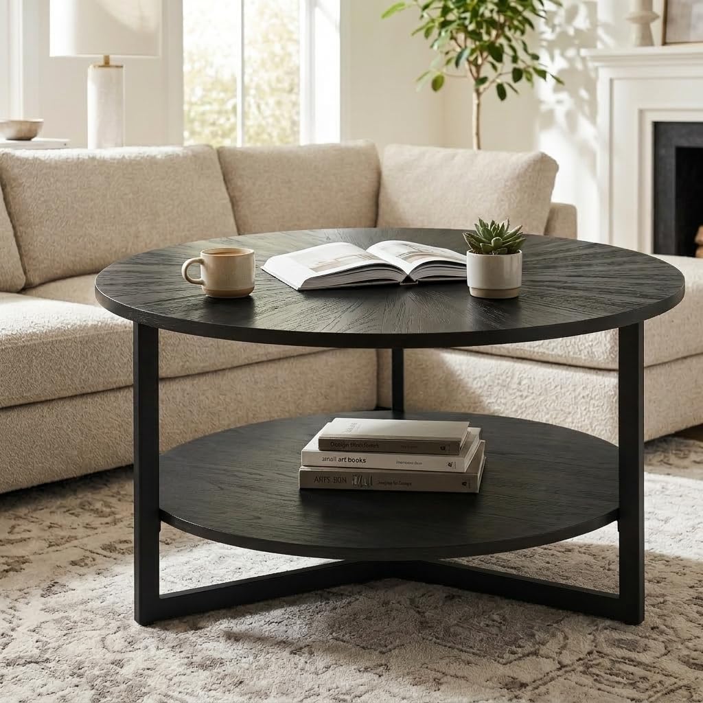 Black Round Coffee Table with Lower S...
