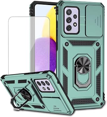 for Galaxy A52 5G/4G/Samsung A52S A526 Case with Tempered Glass Screen Protector and Slide Camera Cover, Magnetic Ring Car Mount Holder Kickstand Protective Cover for Samsung Galaxy A52 Green