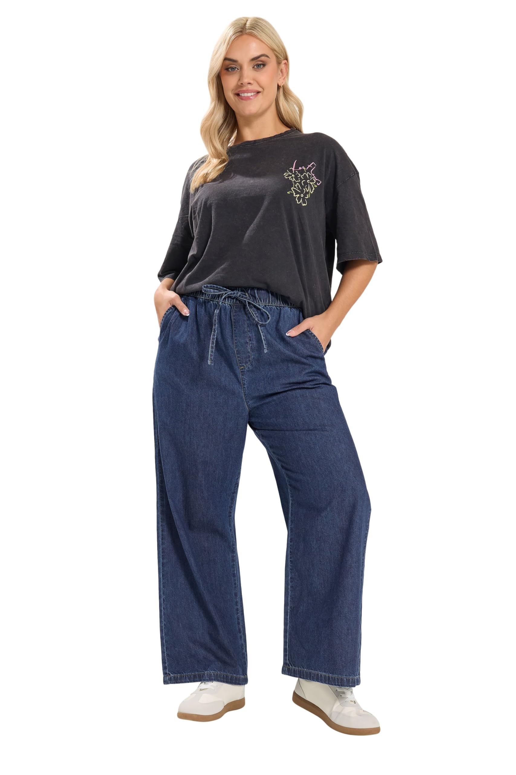 Yours Curve Blue Pull On Wide Leg Jeans - Women's - Plus Size Curve