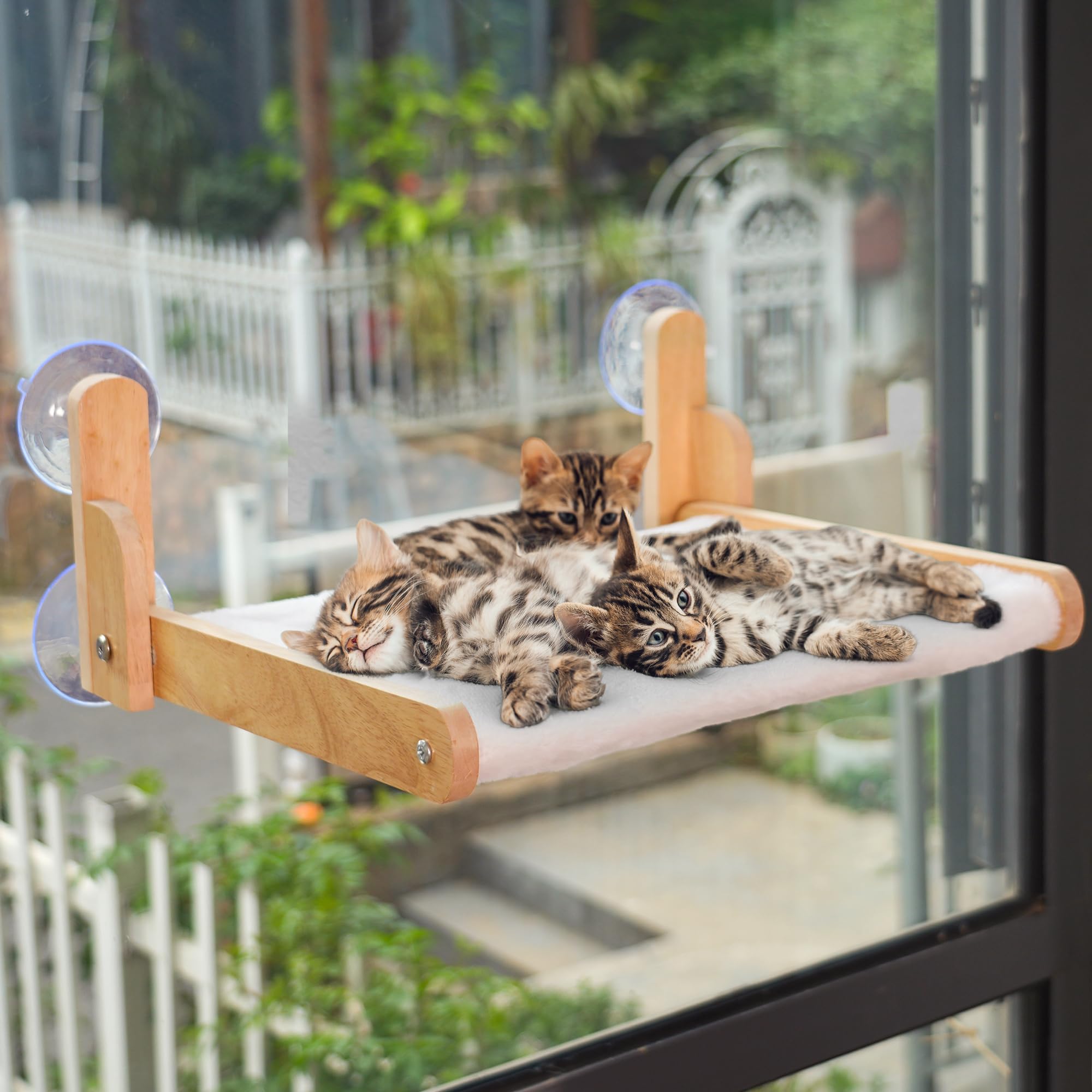 Percha de ventana para gatos con marco de madera - Cama plegable para gatos de interior, cubierta de piel de conejo suave, lavable, ventosas fuertes, sin taladrar, soporta gatos grandes