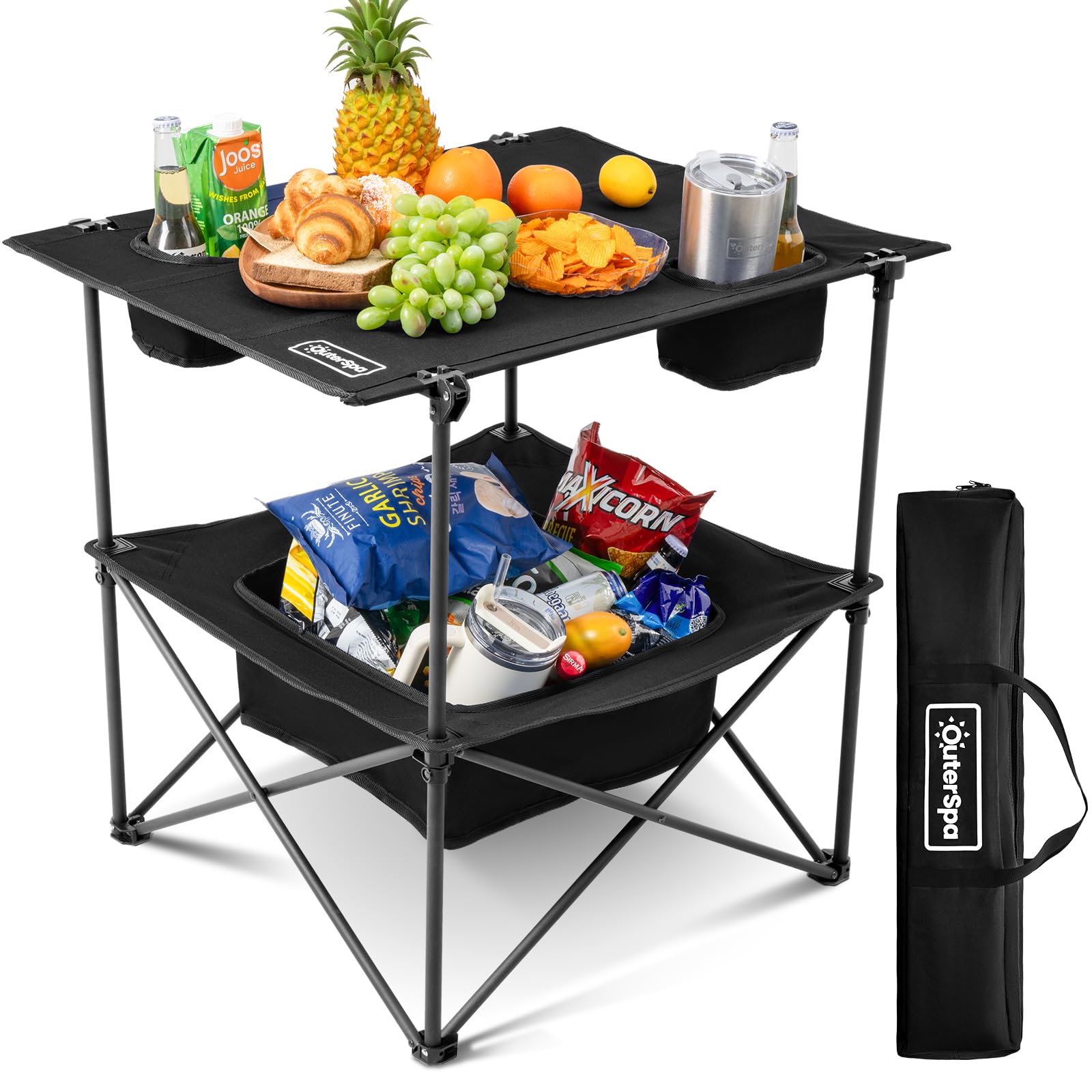 OuterSpa Folding Camping Table, Portable Outdoor Picnic Table, Rectangular Lightweight Camp Table with Storage, Cup Holder and Carry Bag for Barbeque