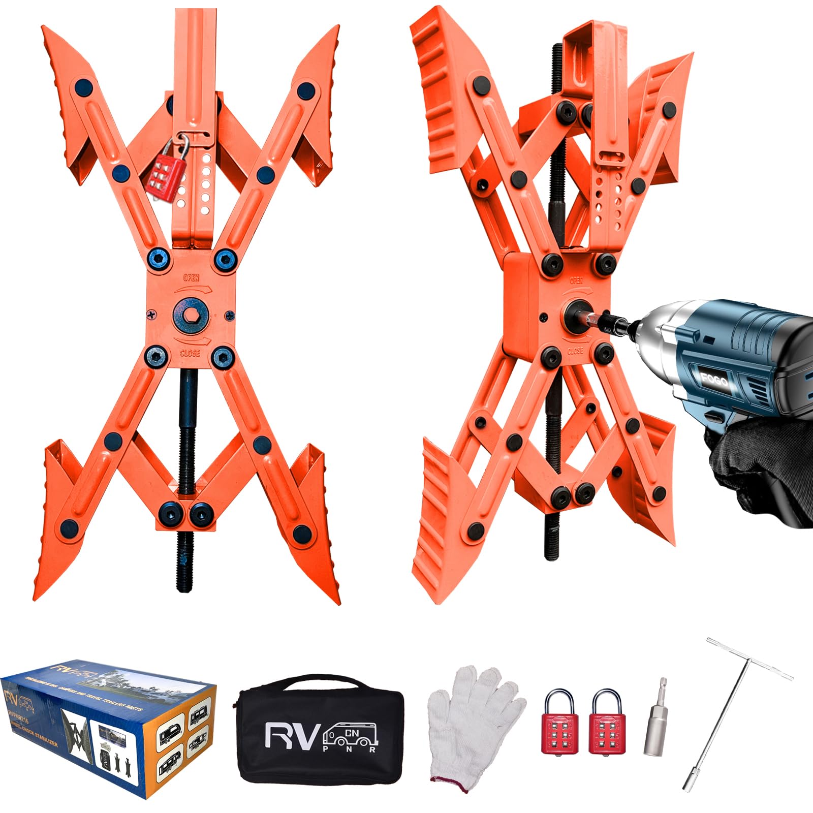 Camper X-Shaped Wheel Chock Stabilizer, 2 Sets RV Stabilizer Wheel Chock Scissor, X Chocks Wheel Stabilizer for Travel Trailer Tires Allow Drill Adjust with Hex Socket, Tool Kit and Password Locks-Red