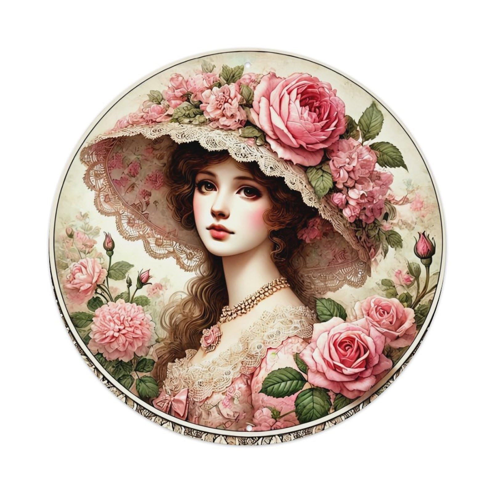 Floral Lace Rose Vintage Portrait Retro Metal Sign Round Tin Sign, Vintage Decor Art Poster for Bar, Home, Man Cave, Kitchen, Laundry Room Gift 8x8Inch