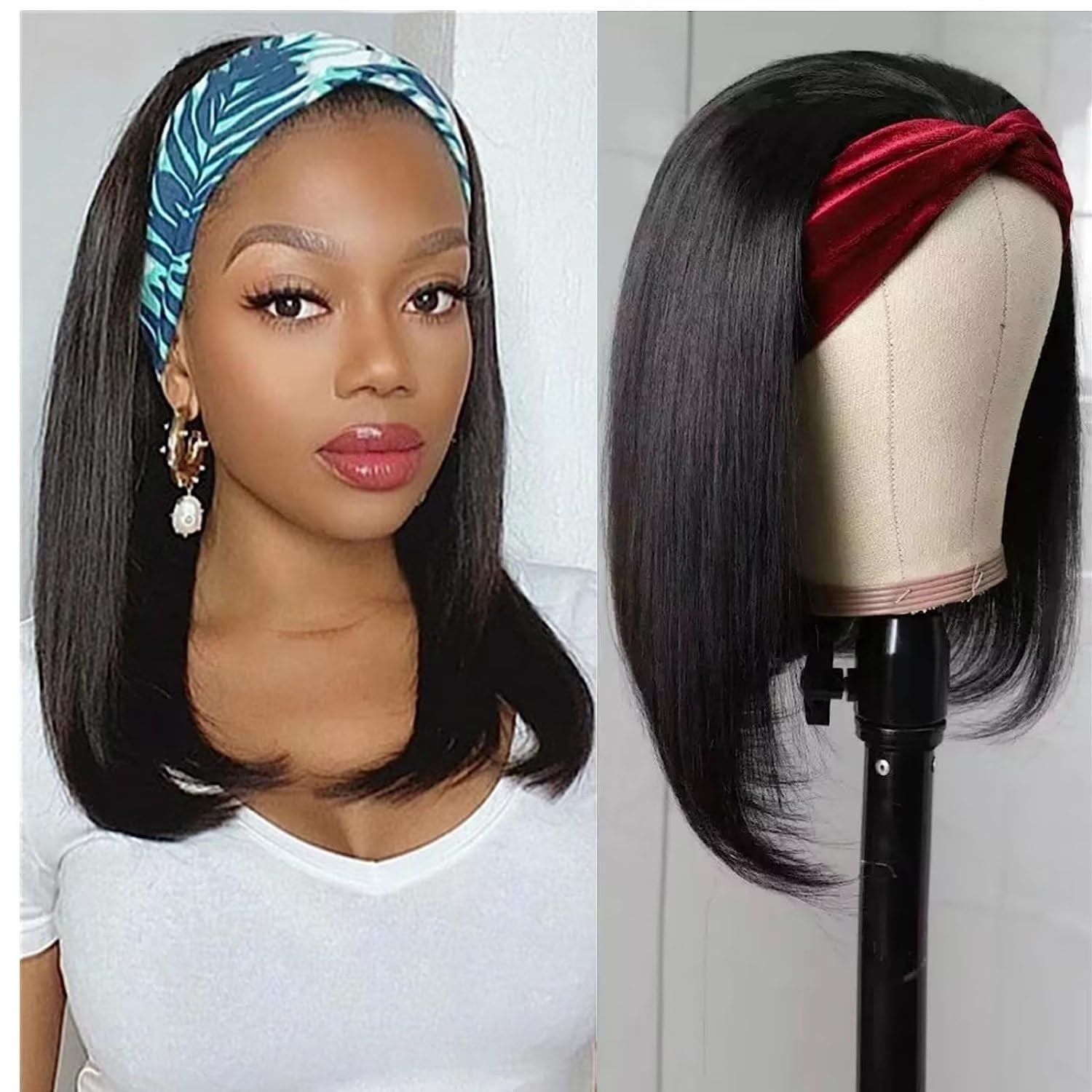 Headband Wig Human Hair Bob Headband Wigs for Women Human Easy Wear and Go Glueless Wig Short Straight Wigs Machine Made Wig 150% Density None Lace Wig Natural Black Color 16 inch Human Hair Wig