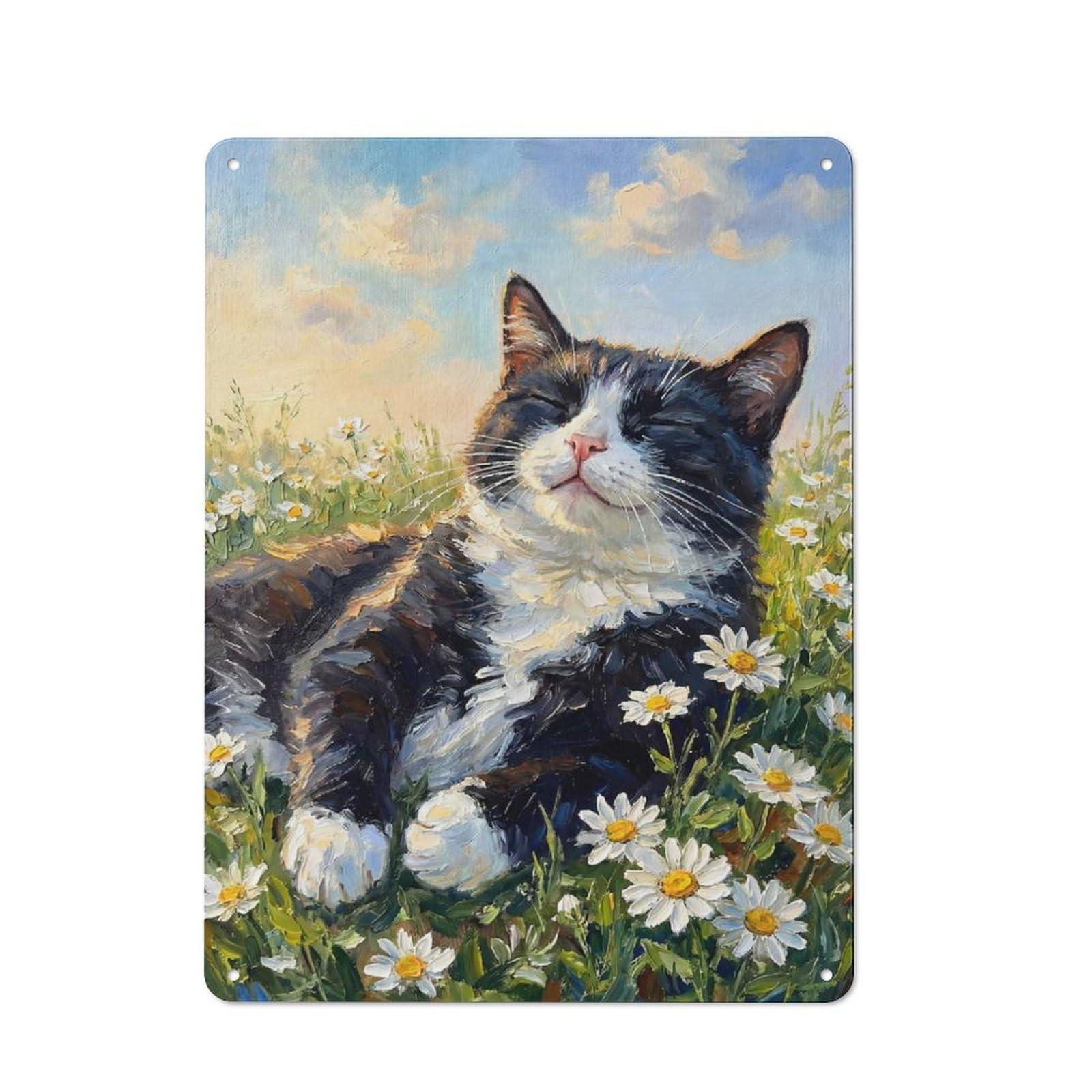 Junmoney Style Garage Tuxedo Cat In A Field Of Daisies Decorative Metal Plaque 40X30cm, Garage Wall Decor For Workshop, Basement, Shed Or Games Room