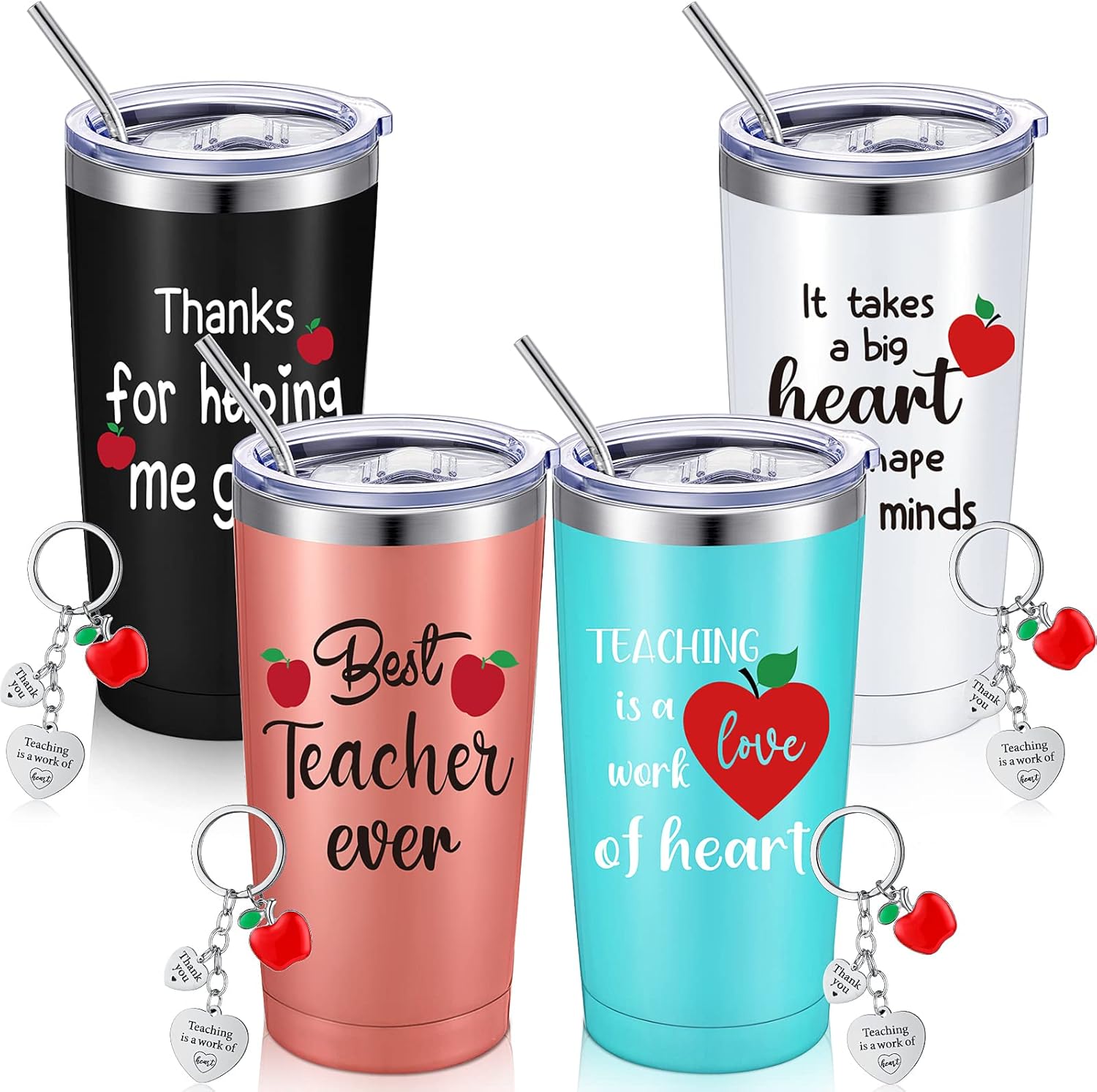 Yinder Valentines Gifts for Teachers Tumbler Set 4pcs Stainless Steel Tumblers with Keychains 12oz Insulated Mugs for Teachers Appreciation Presents Thank You Gifts Bulk Teacher Supplies(Apple) - Image 8